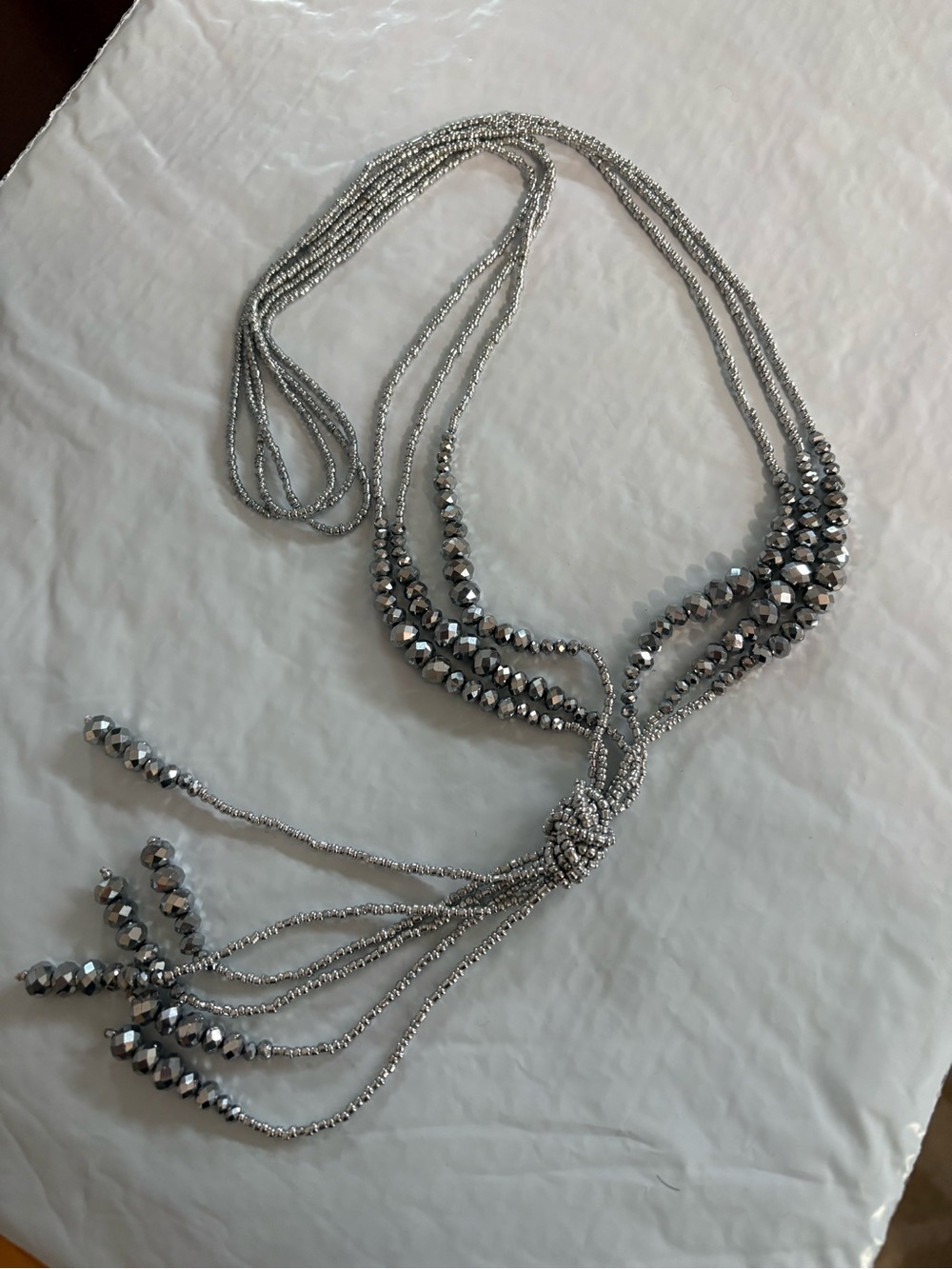 Silver Beaded Knot Lariat Necklace